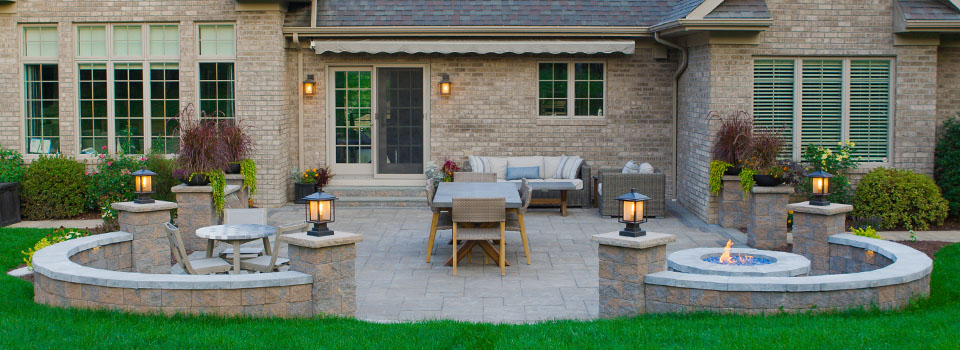 Patio with water feature and firepit